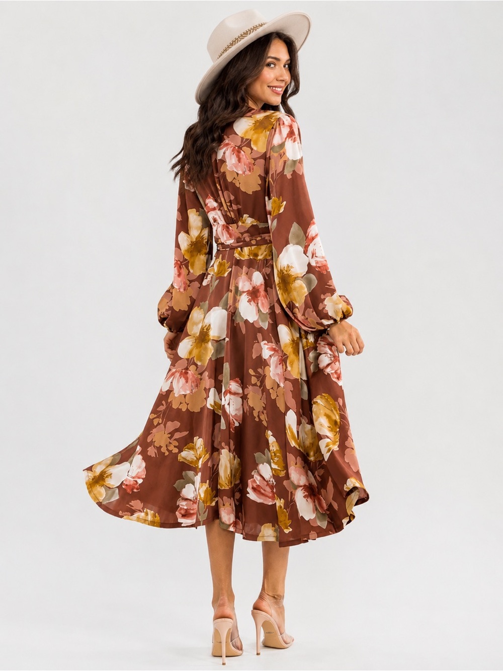 Floral Wrap Midi Dress in Brown - Picture 2 of 3